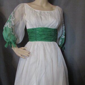 SALE Gorgeous 1956 Era Special Event Dress White Chiffon Emerald Green Satin